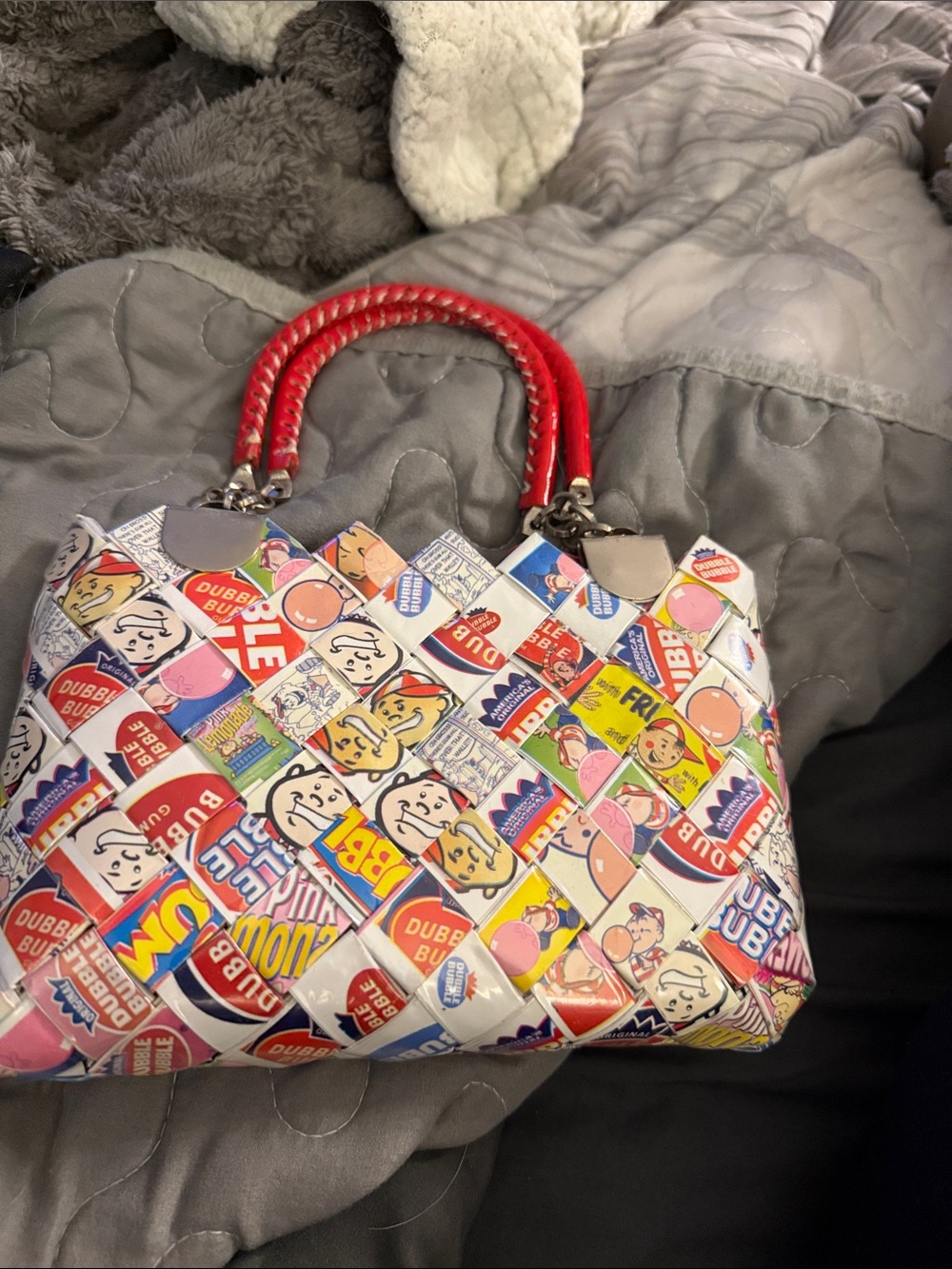 Colorful Sticker-Print Satchel with Red Handles